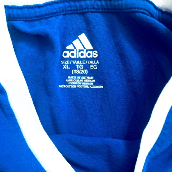 Blue Retro Style XL Adidas T-shirt with Three White Strips on Shoulder - Picture 3 of 4